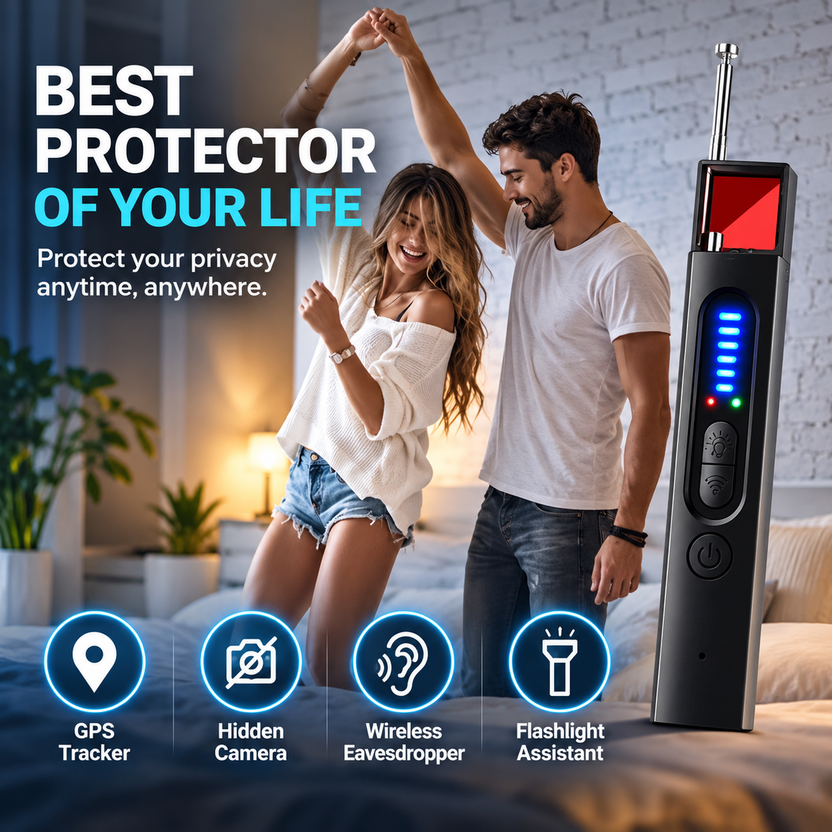 Relaxed couple in a checked hotel room next to the detector