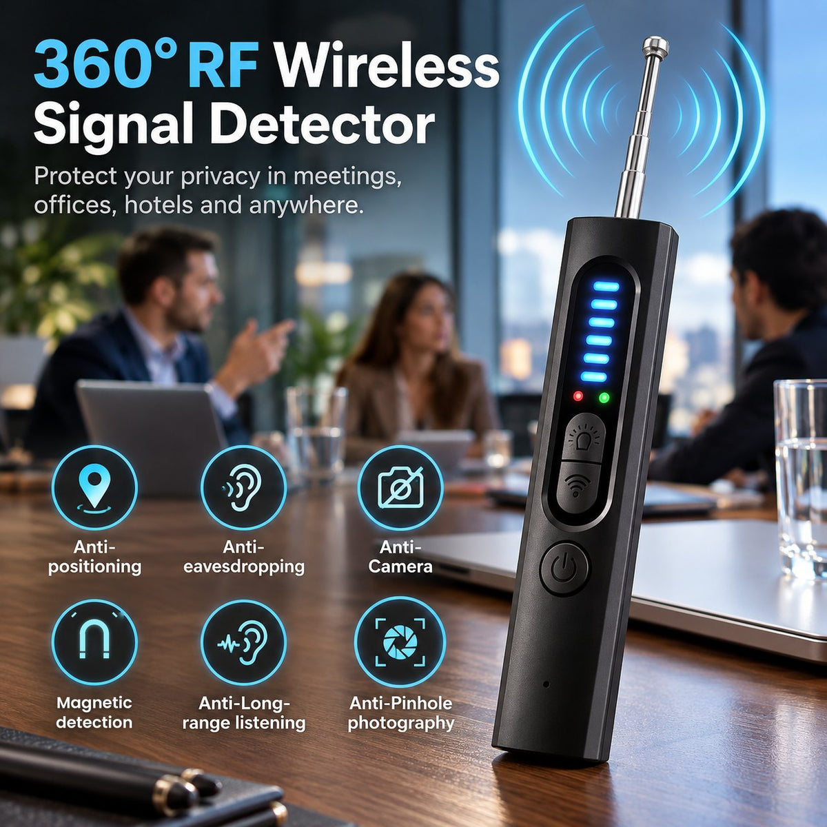 360 degree RF wireless signal detector on a meeting table