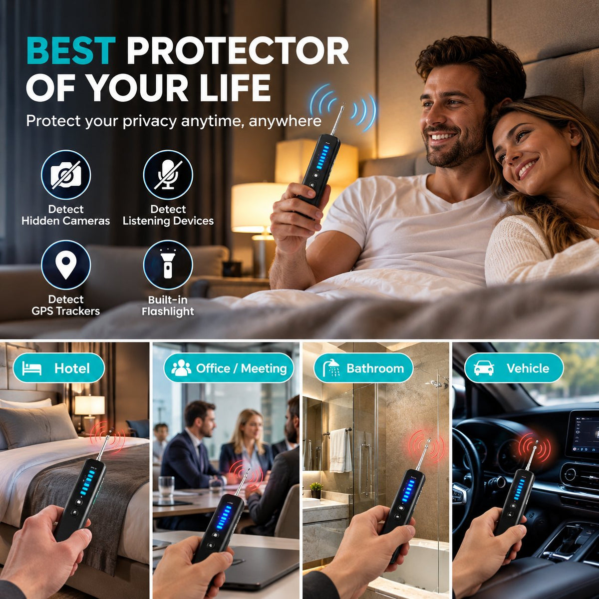 Using the detector in a hotel, office meeting, bathroom and car